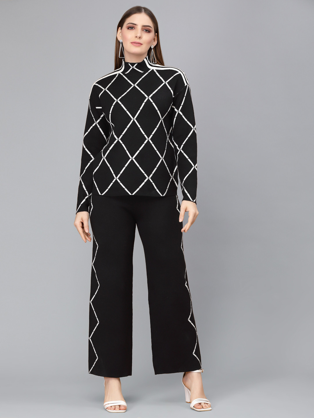 

Mafadeny Women Printed Sweater with Palazzos, Black