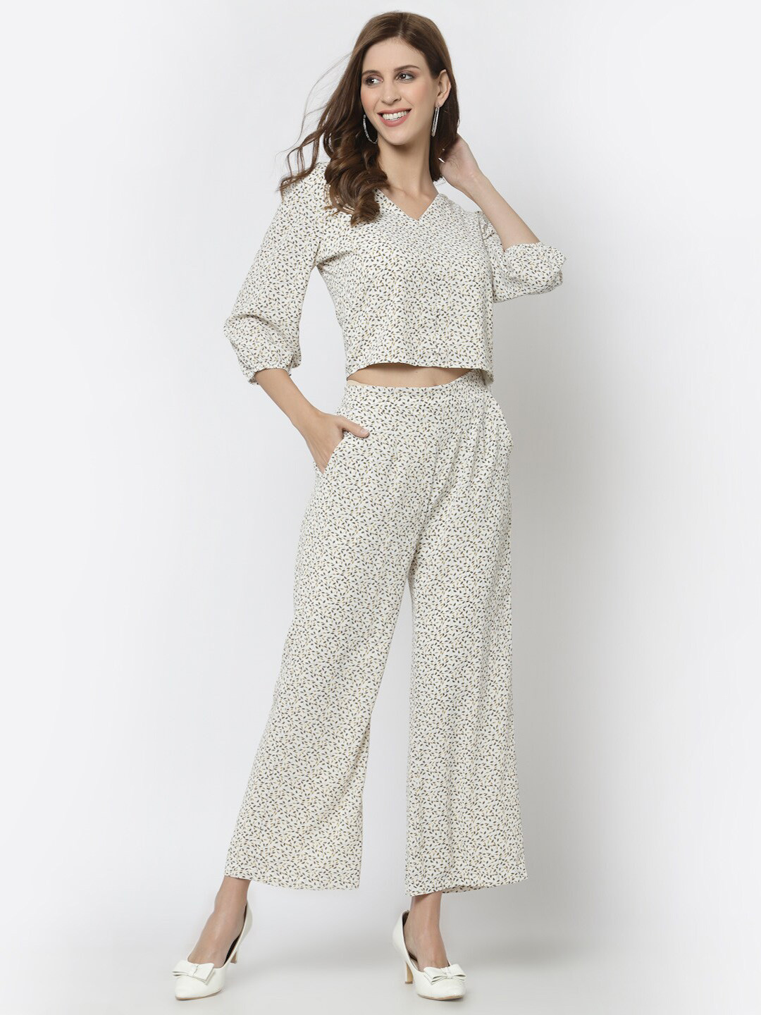 

Mafadeny Women Printed Top with Palazzos, Off white