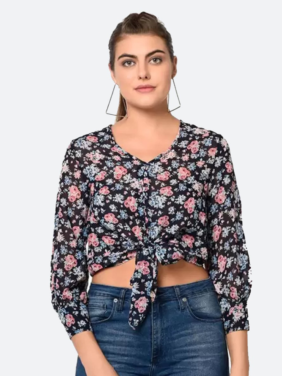 

SQew Floral Print Blouson Crop Top, Blue