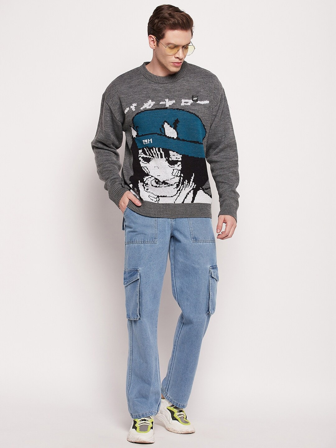 

FUGAZEE Men Printed Oversized Acrylic Pullover, Charcoal
