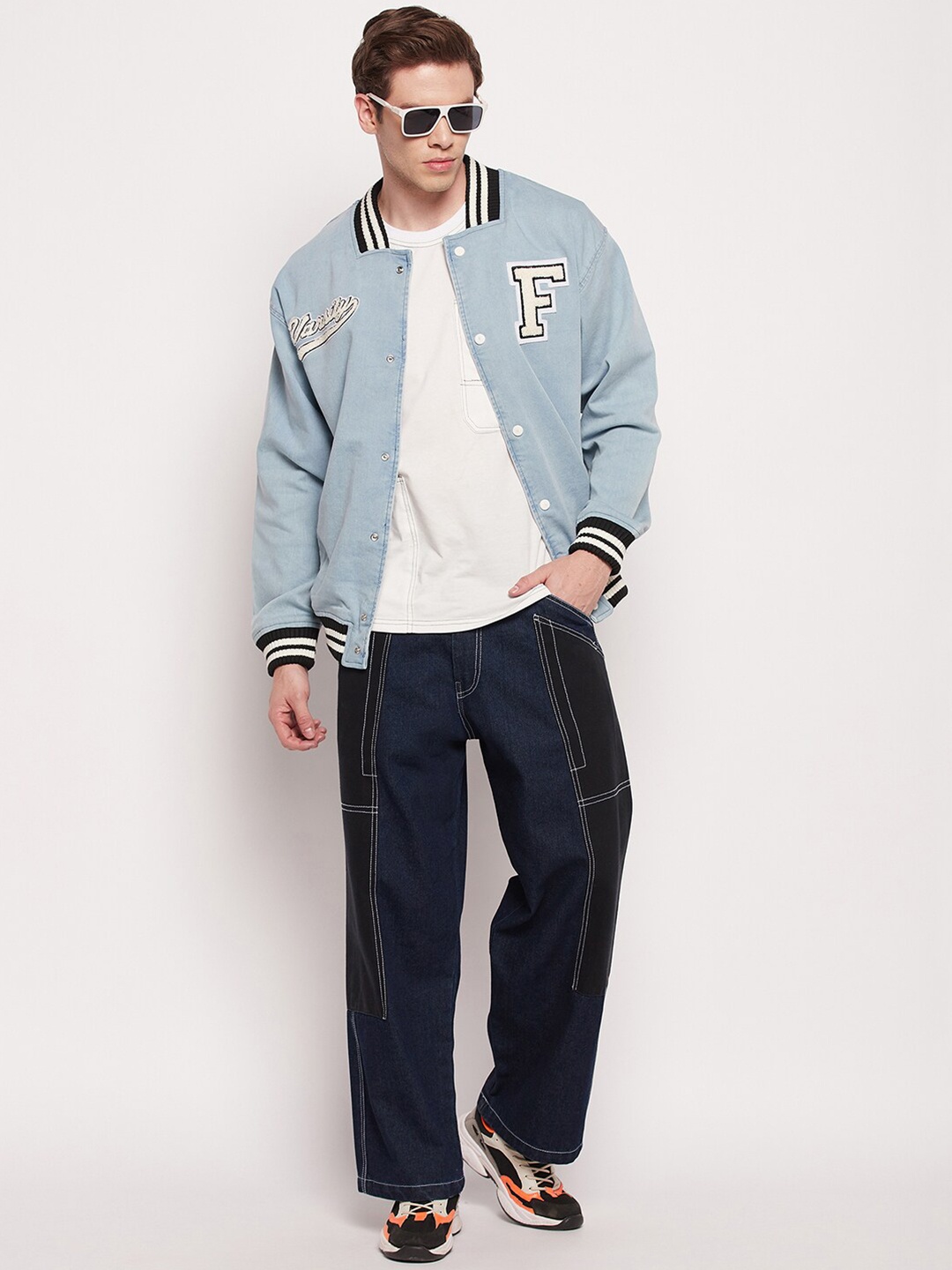 

FUGAZEE Men Printed Cotton Varsity Jacket, Blue