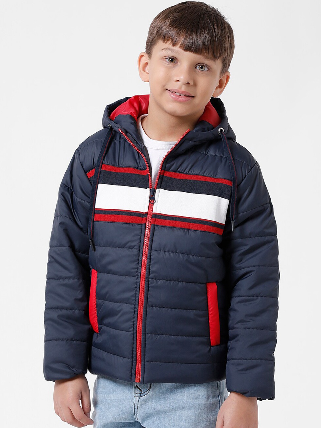 

KATE & OSCAR Boys Striped Windcheater Puffer Jacket, Navy blue