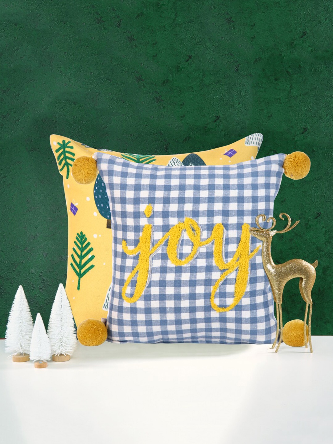 

Sivya Yellow & Blue Set of 2 Embroidered Square Cushion Covers