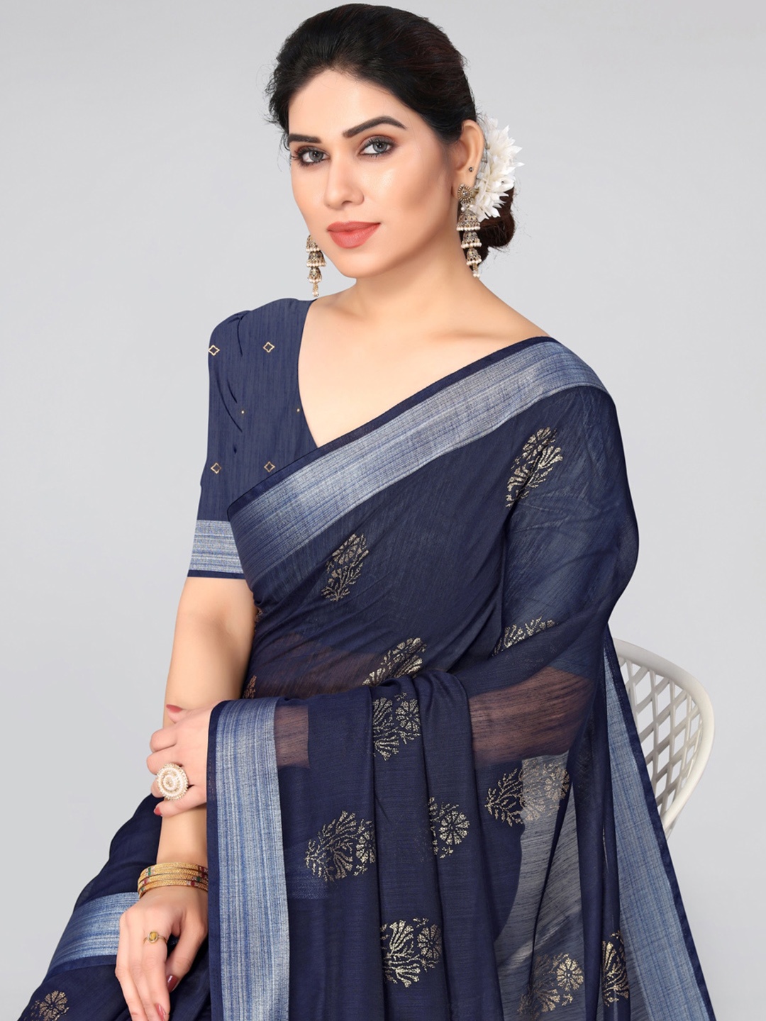 

MIRCHI FASHION Floral Zari Chanderi Saree, Navy blue