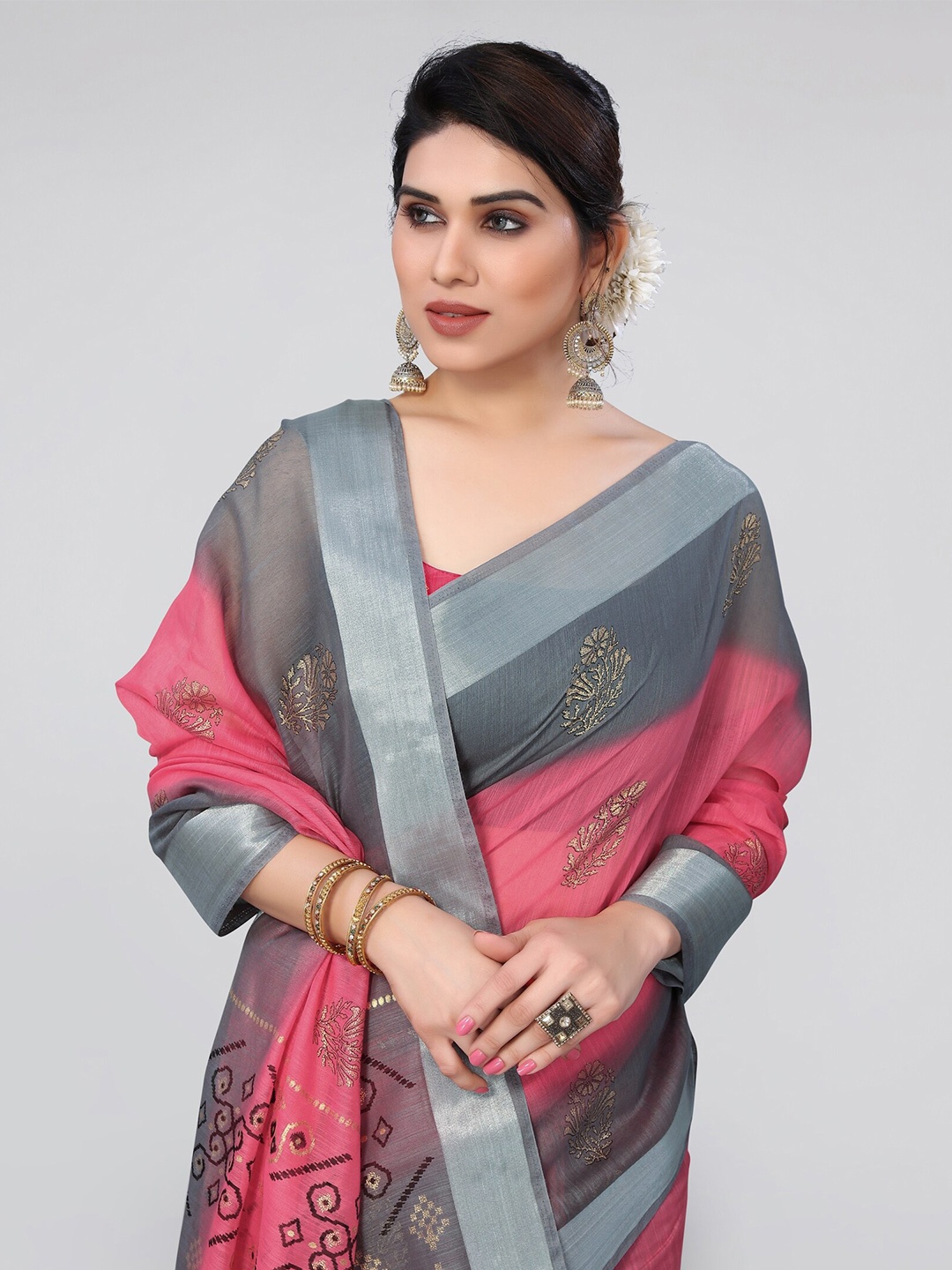 

MIRCHI FASHION Floral Zari Saree, Pink