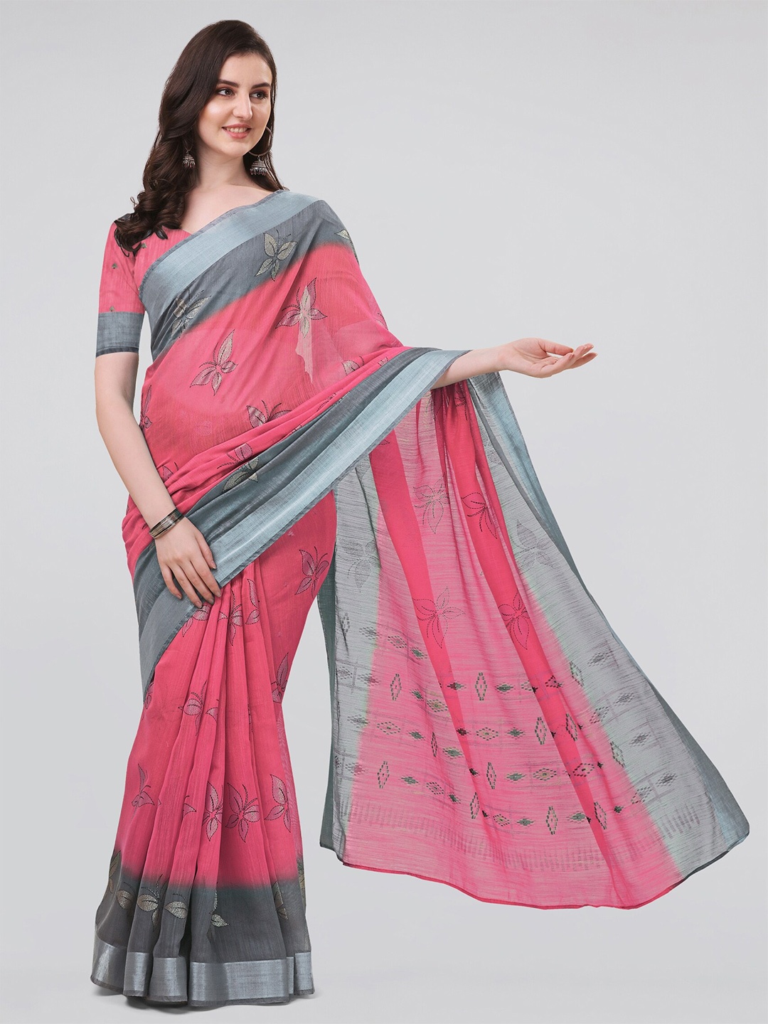 

MIRCHI FASHION Floral Zari Saree, Pink