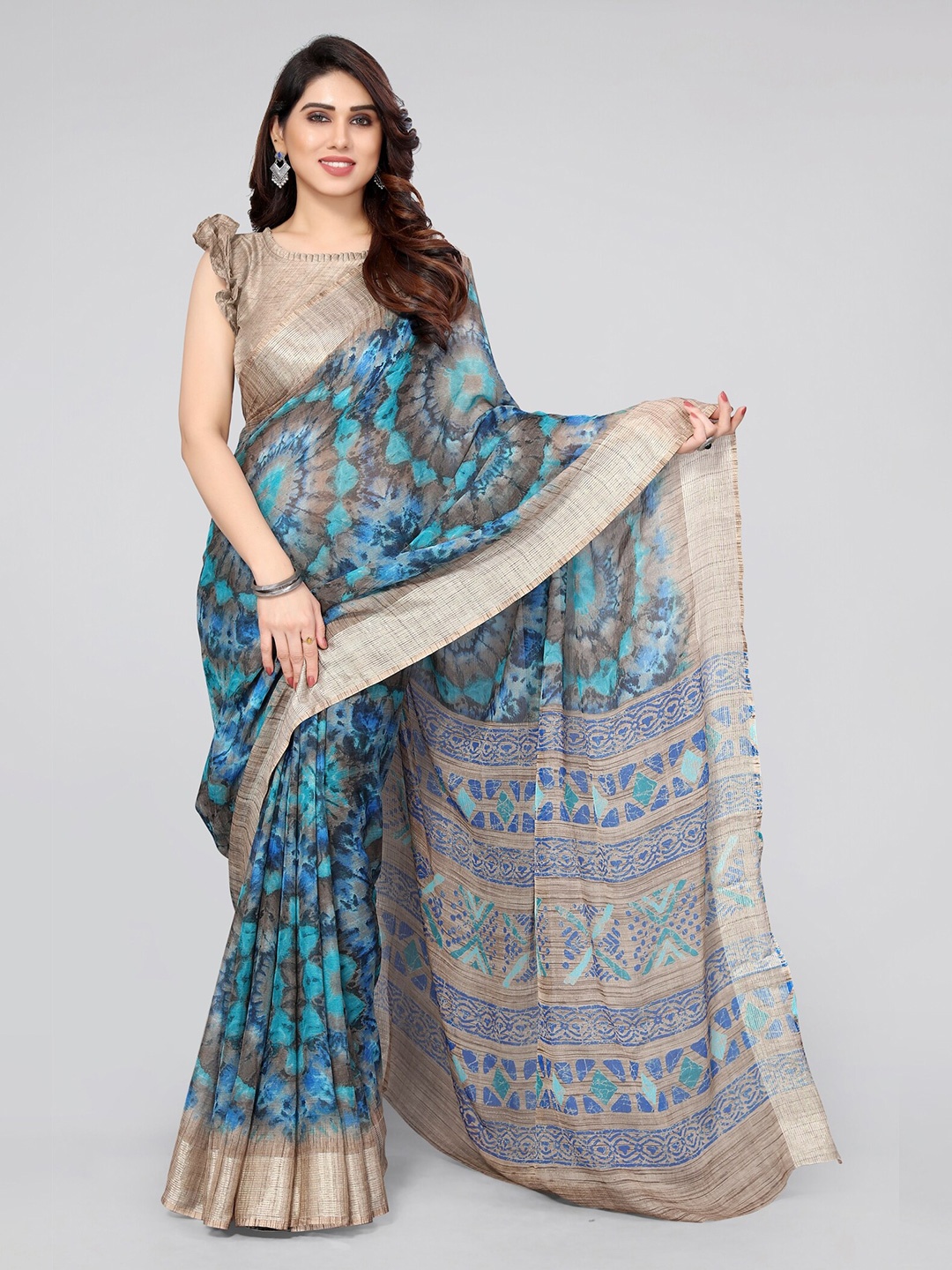 

MIRCHI FASHION Tie and Dye Zari Saree, Turquoise blue