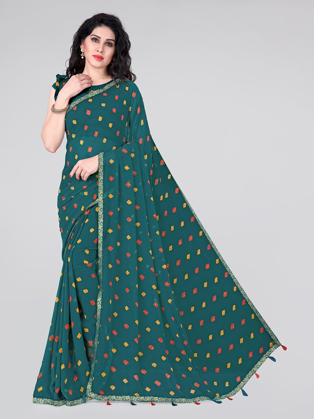 

MIRCHI FASHION Floral Zari Bandhani Saree, Turquoise blue