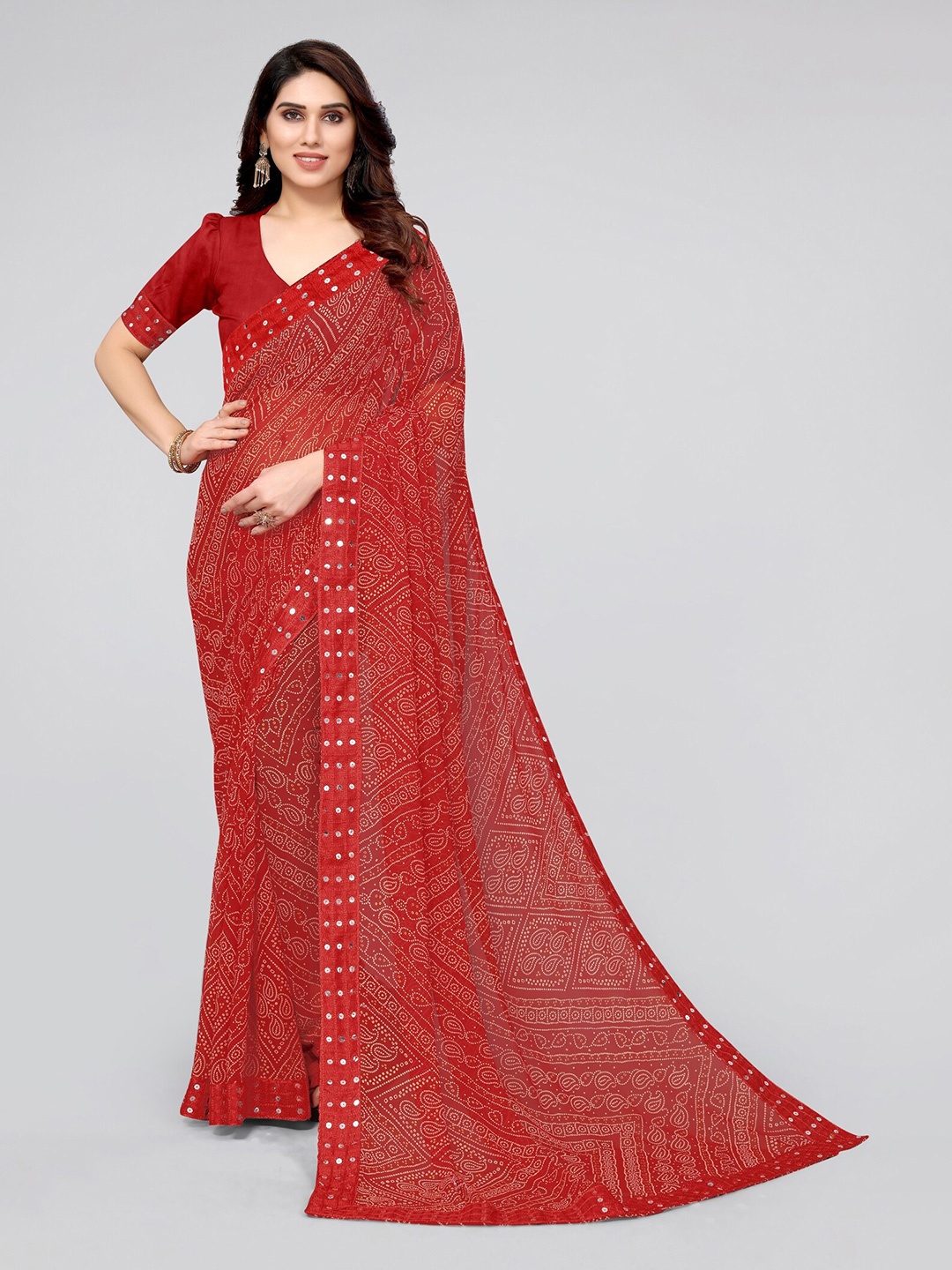 

MIRCHI FASHION Sequinned Bandhani Saree, Red