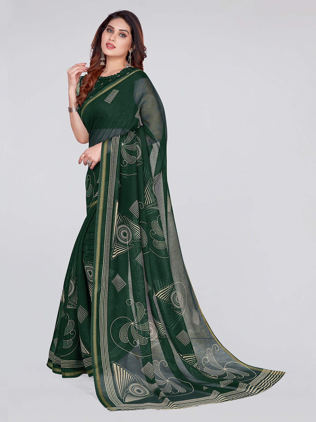 

MIRCHI FASHION Geometric Print Zari Saree, Green