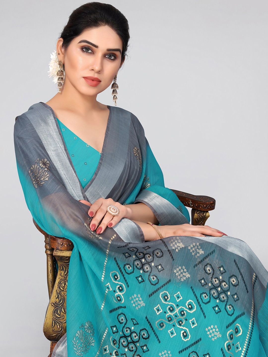 

MIRCHI FASHION Floral Zari Bandhani Saree, Turquoise blue