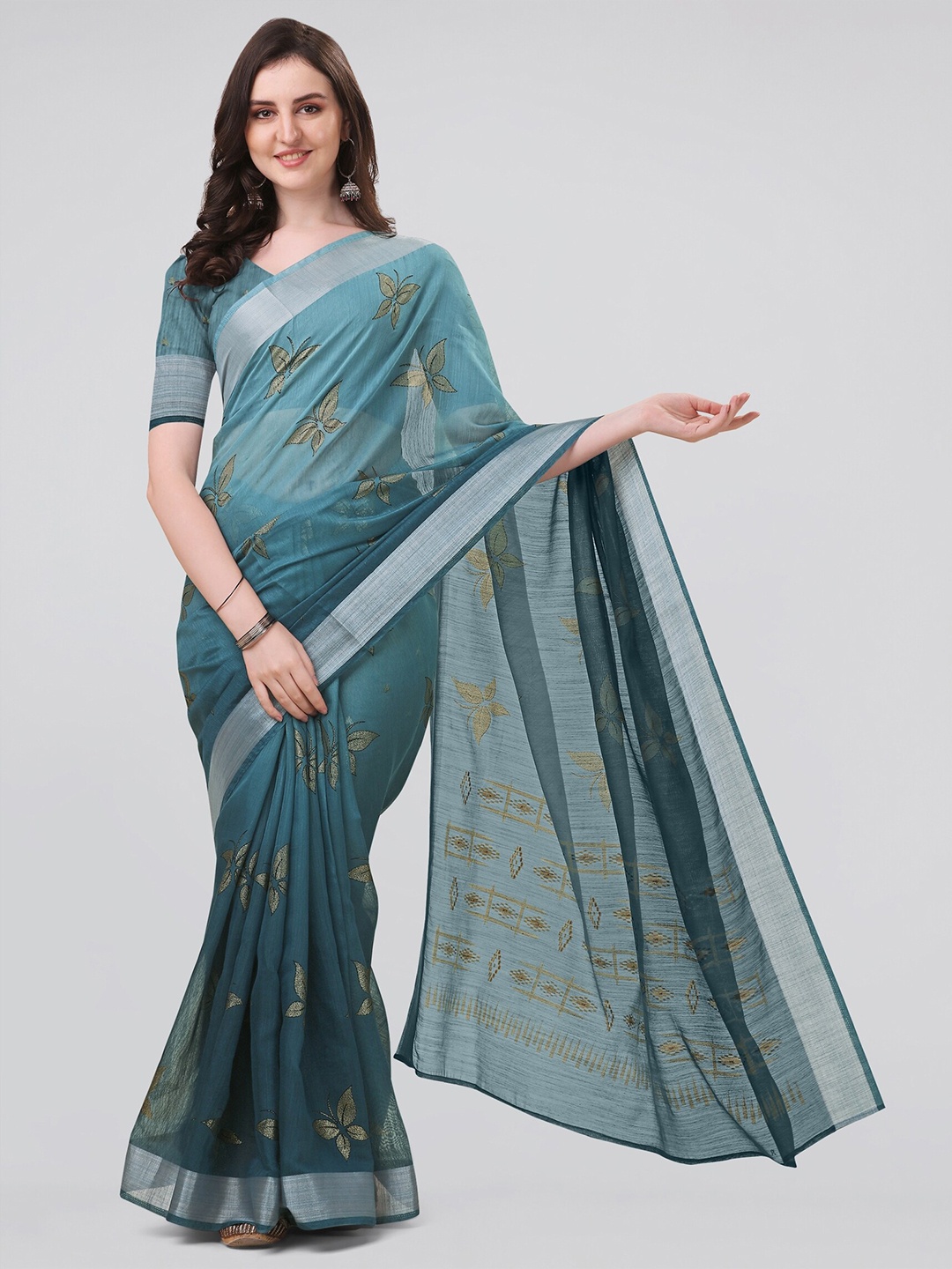 

MIRCHI FASHION Floral Zari Saree, Turquoise blue
