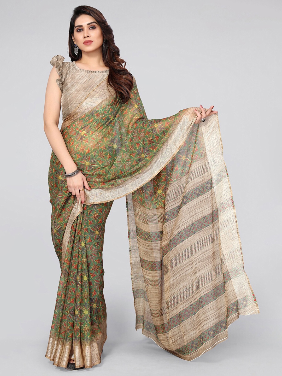 

MIRCHI FASHION Floral Zari Saree, Green