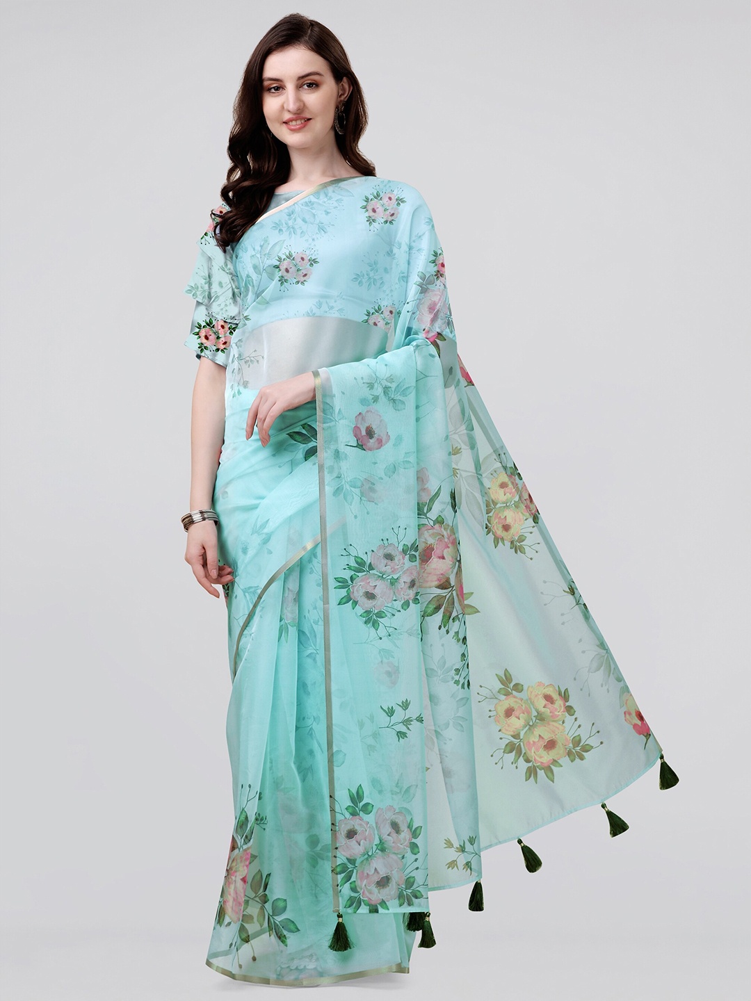 

MIRCHI FASHION Floral Printed Zari Organza Saree, Turquoise blue