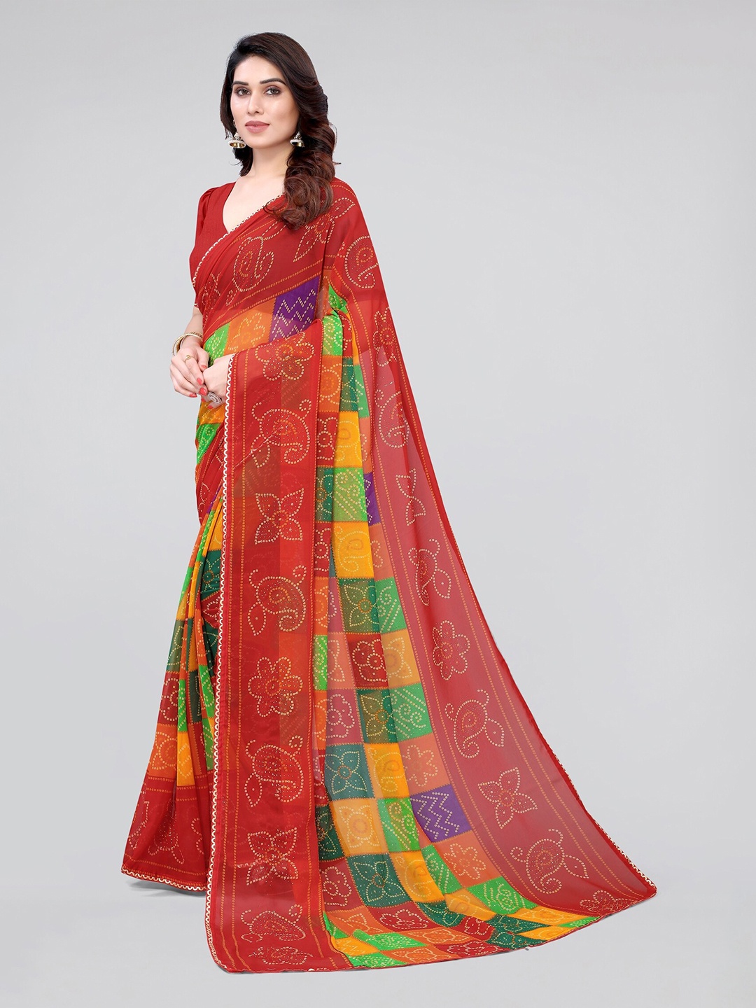 

MIRCHI FASHION Checked Bandhani Saree, Red