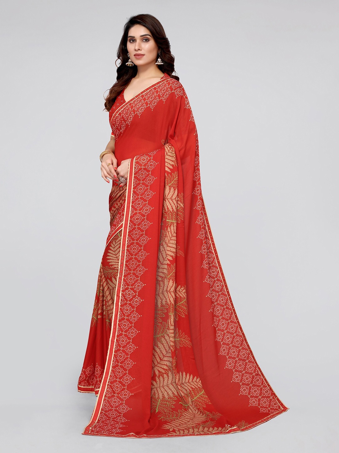 

MIRCHI FASHION Floral Bandhani Saree, Red