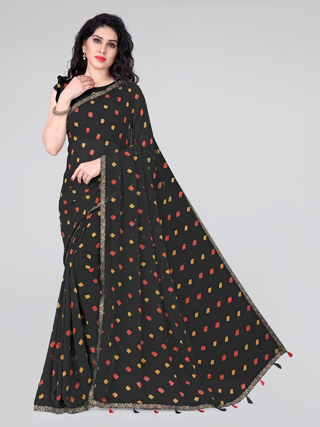 

MIRCHI FASHION Prinred Bandhani Saree, Black