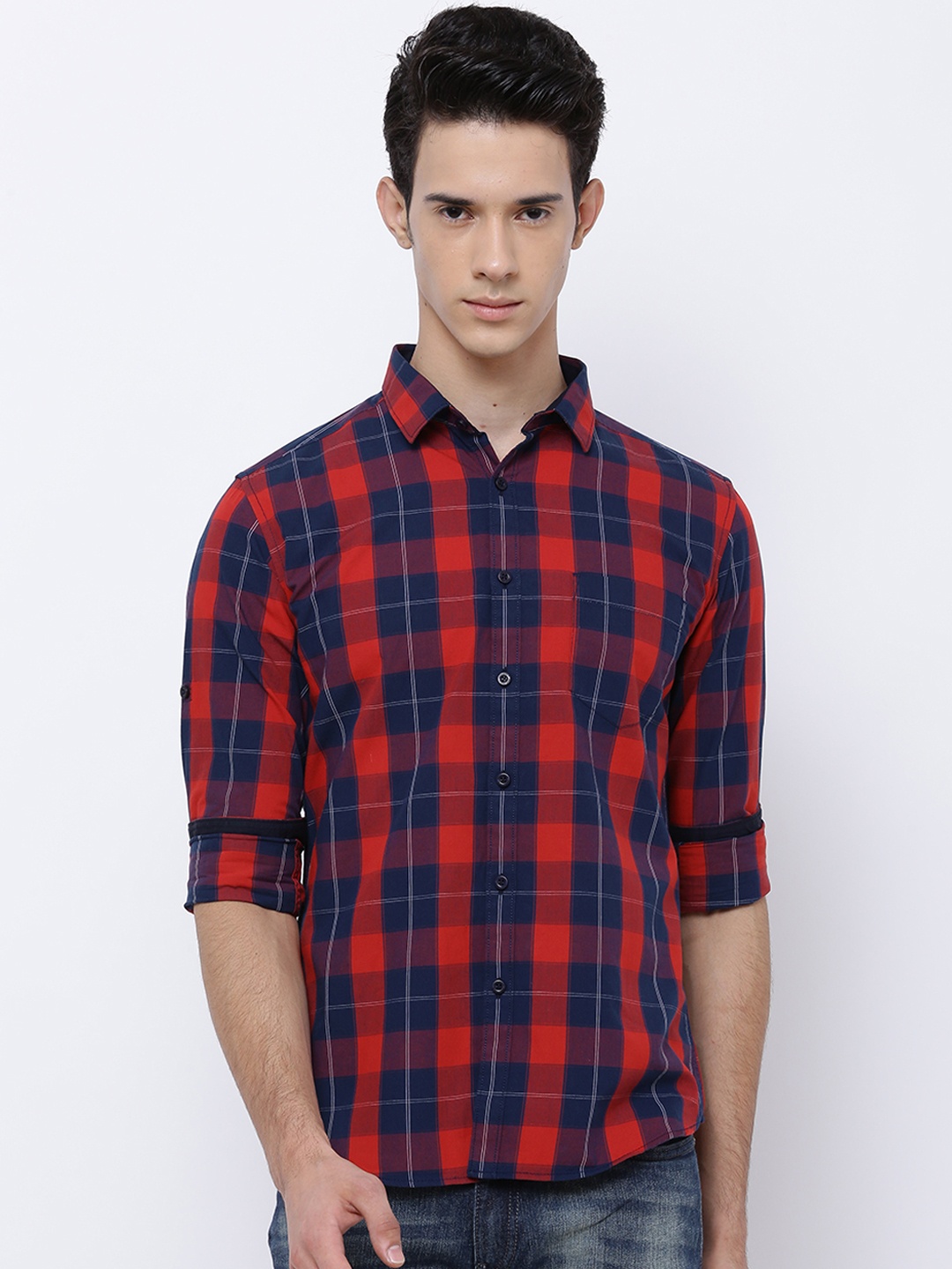 

HIGHLANDER Men Navy Blue & Red Slim Fit Checked Casual Shirt