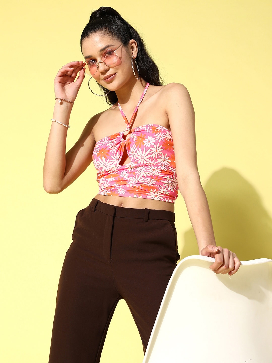 

Berrylush Floral Print Halter Neck Crop Top, Pink