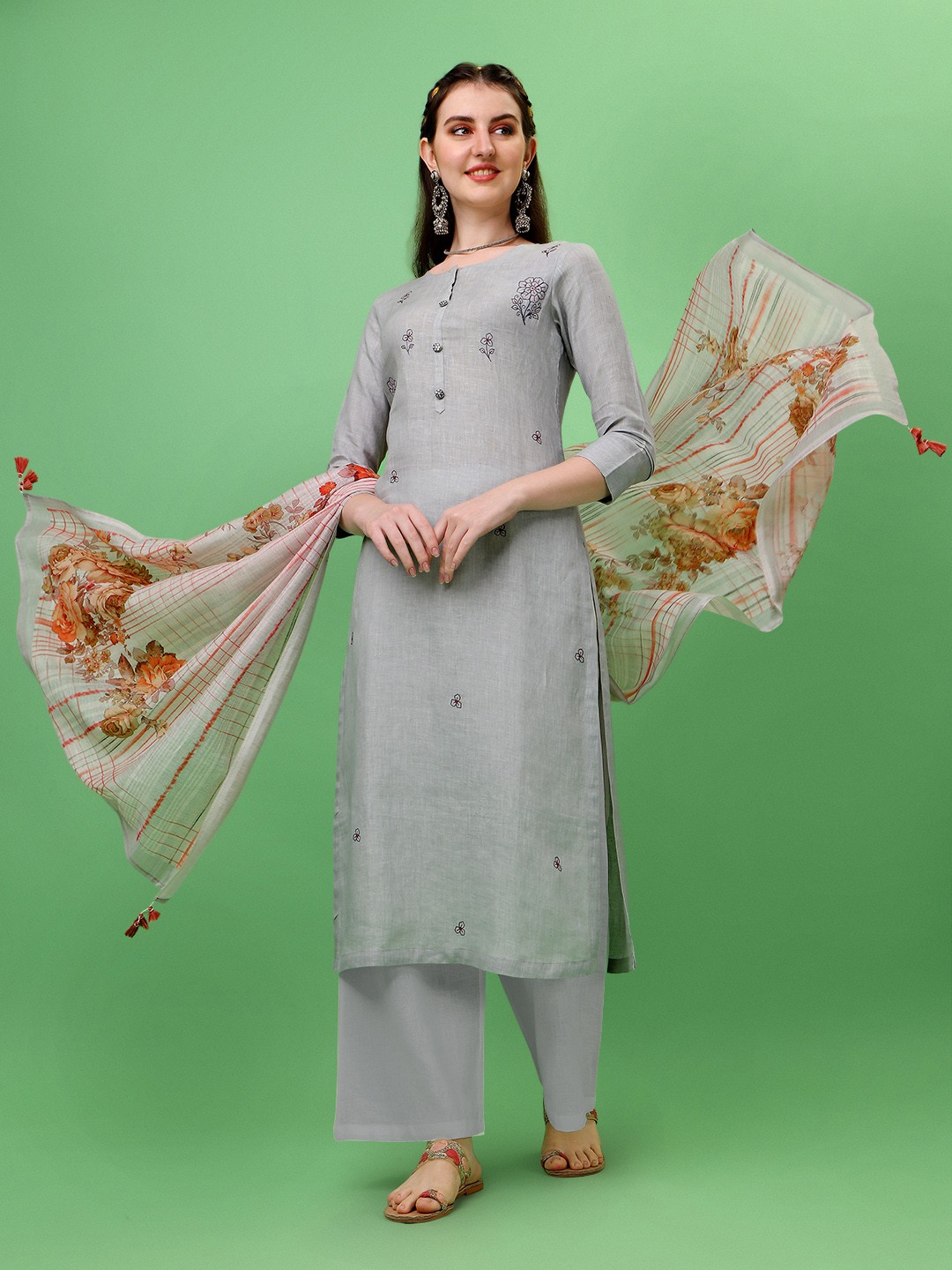 

Seerat Women Floral Thread Work Linen Kurta with Palazzos & Dupatta, Grey