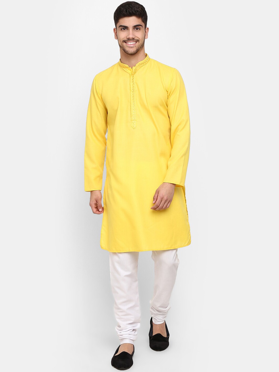

V-Mart Men Ethnic Motifs Thread Work Cotton Kurta with Churidar, Yellow
