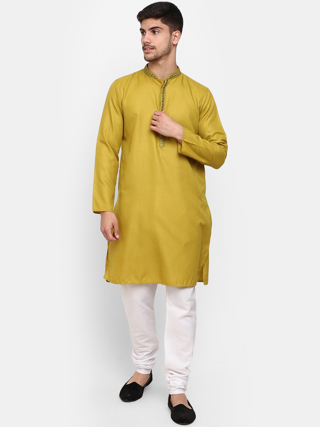 

V-Mart Men Olive Green Thread Work Pure Cotton Kurta with Churidar