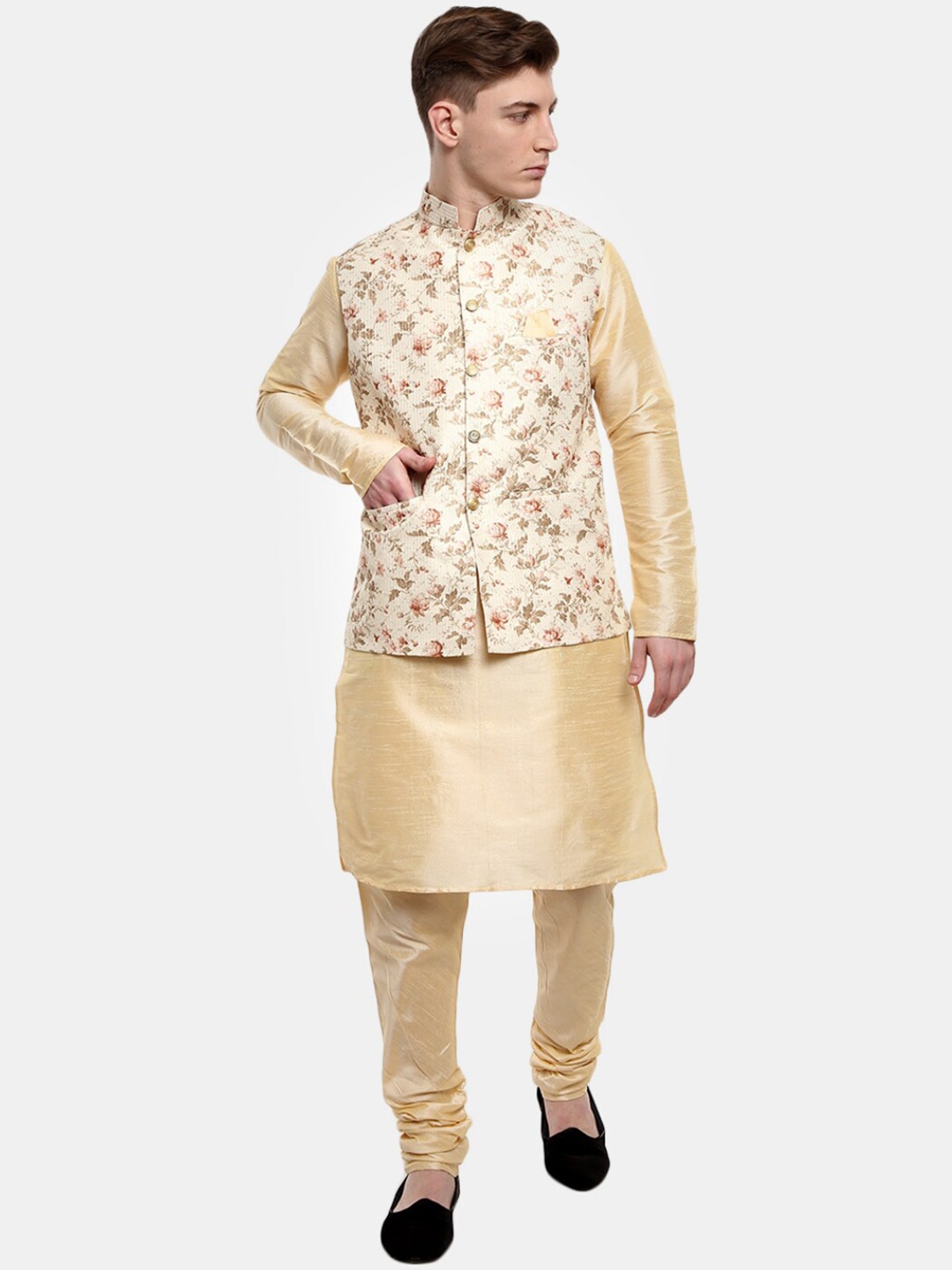 

V-Mart Men Beige Floral Pure Cotton Kurta with Pyjamas
