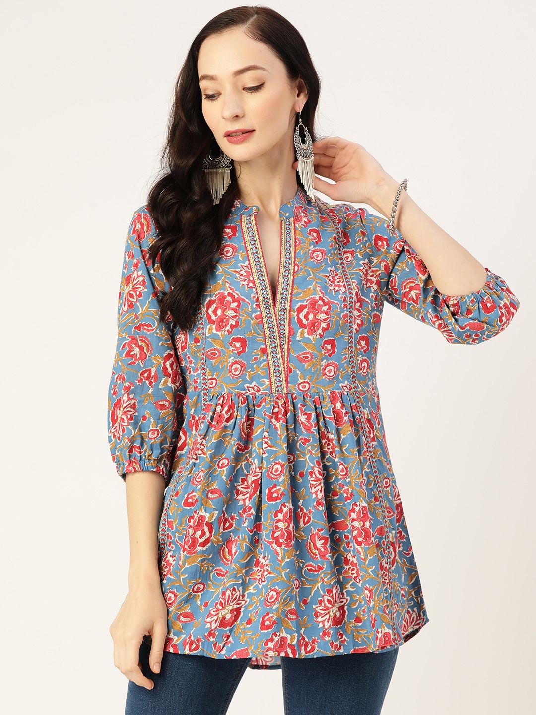 

Jaipur Morni Floral Print Pure Cotton Cinched Waist Top, Blue