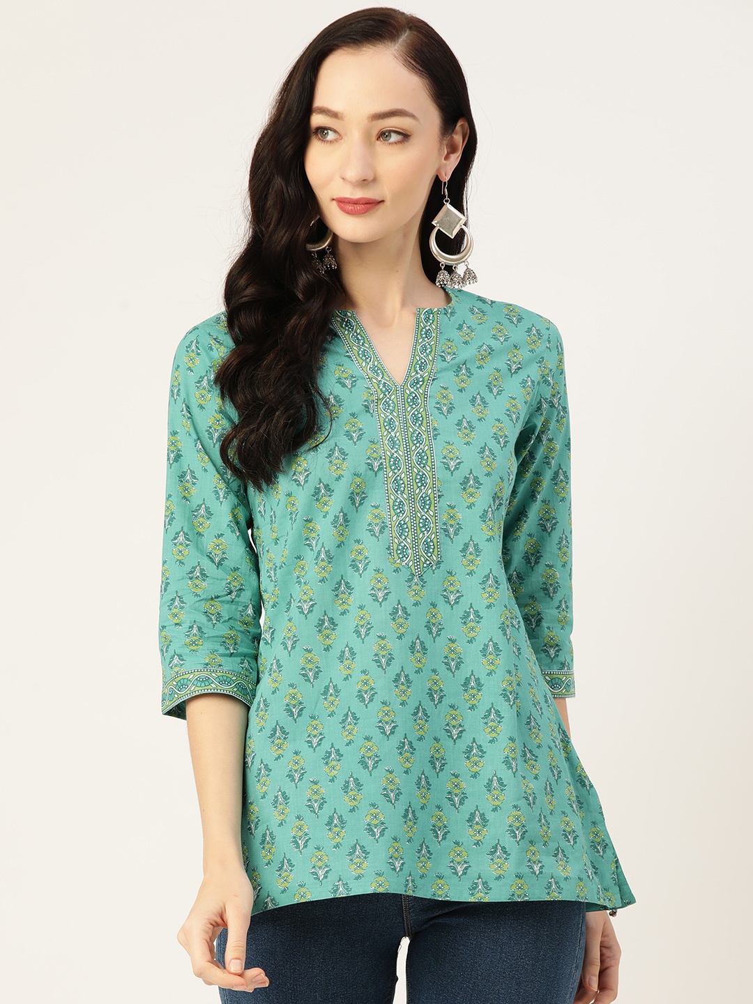 

Jaipur Morni Ethnic Motifs Print Pure Cotton Regular Ethnic Top, Green