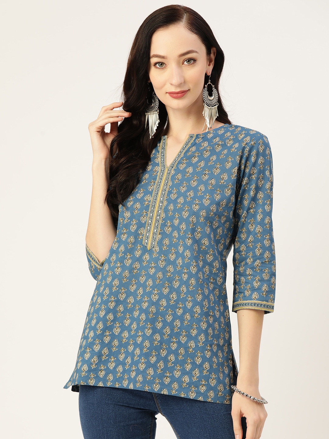 

Jaipur Morni Ethnic Motifs Print Pure Cotton Regular Ethnic Top, Blue