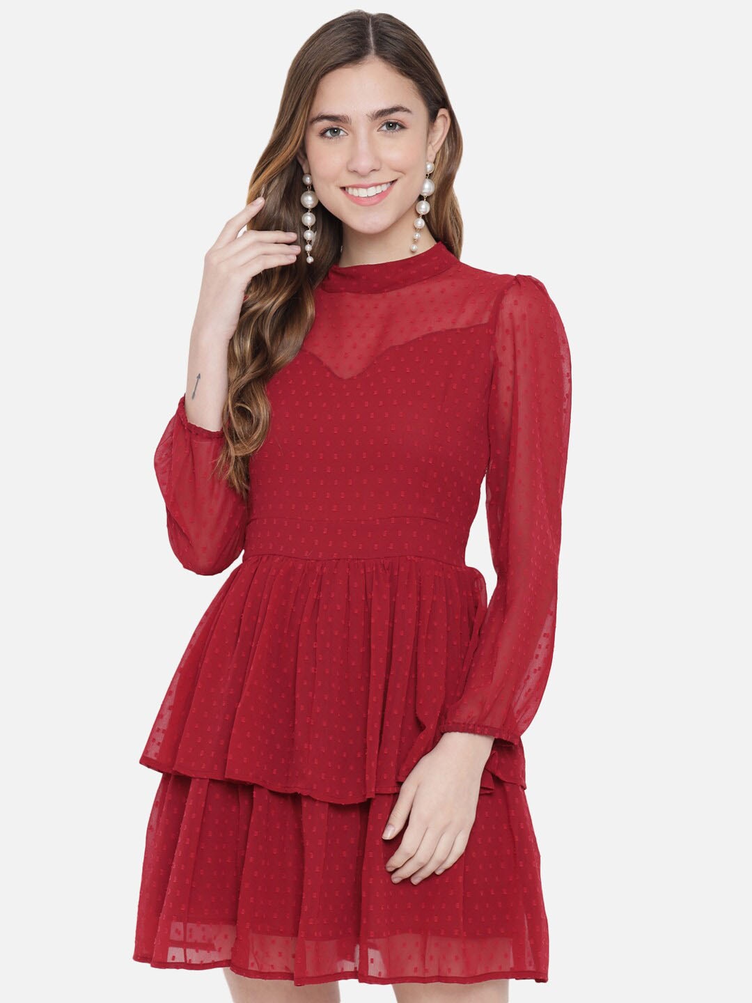 

Trend Arrest Self Design Layered Mini Fit & Flare Dress, Red