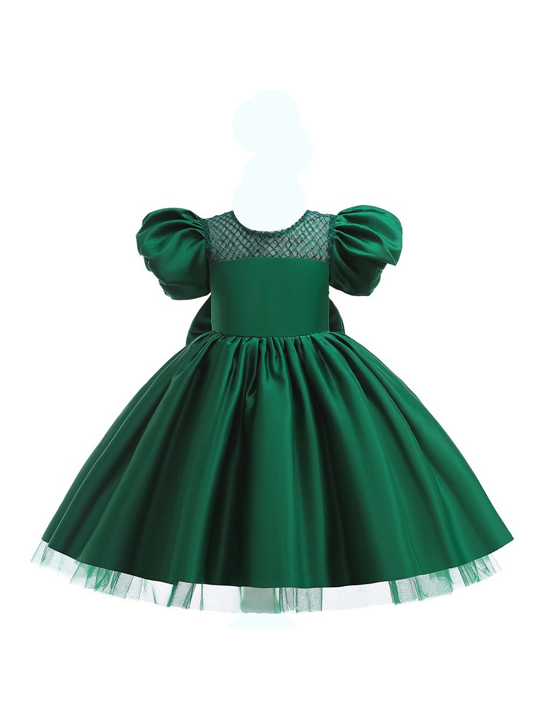 

R Cube Puff Sleeve Satin Dress, Green