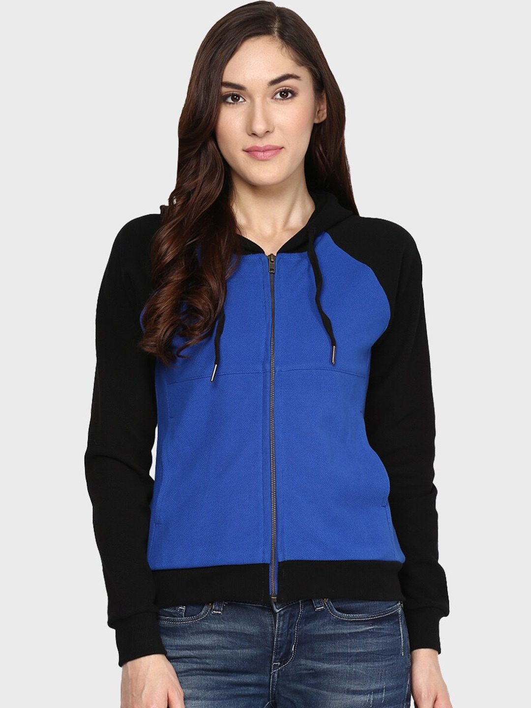 

Hypernation Women Colourblocked Cotton Hooded Bomber Jacket, Blue