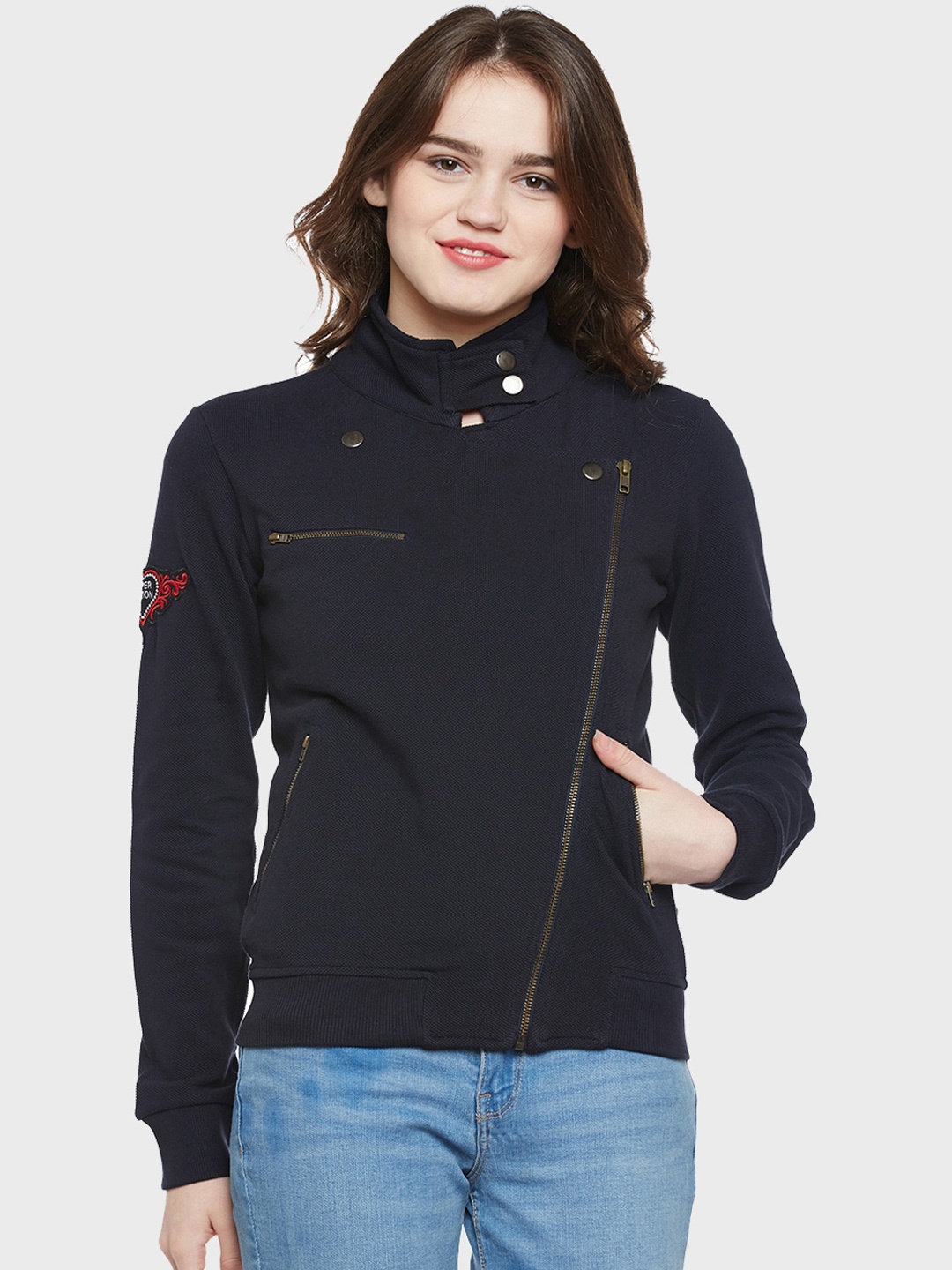 

Hypernation Women Solid Cotton Long Sleeves Tailored Jacket, Navy blue