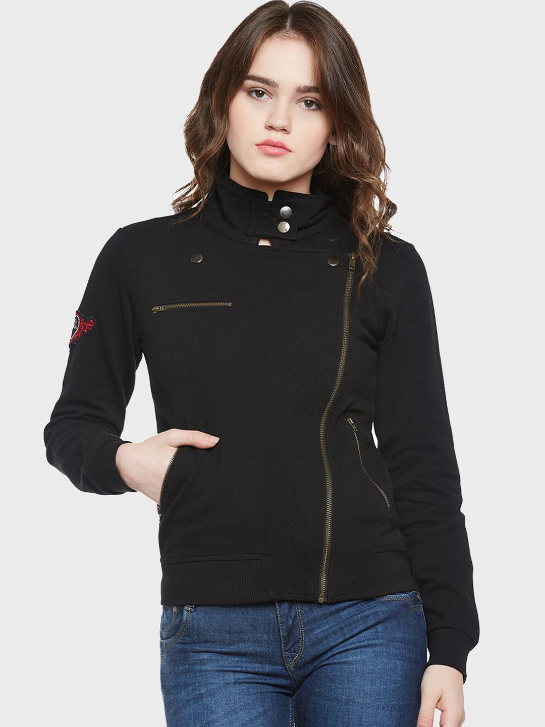 

Hypernation Women Solid Cotton Long Sleeves Tailored Jacket, Black