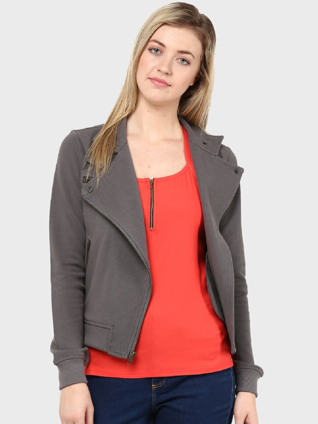 

Hypernation Women Solid Cotton Long Sleeves Tailored Jacket, Charcoal