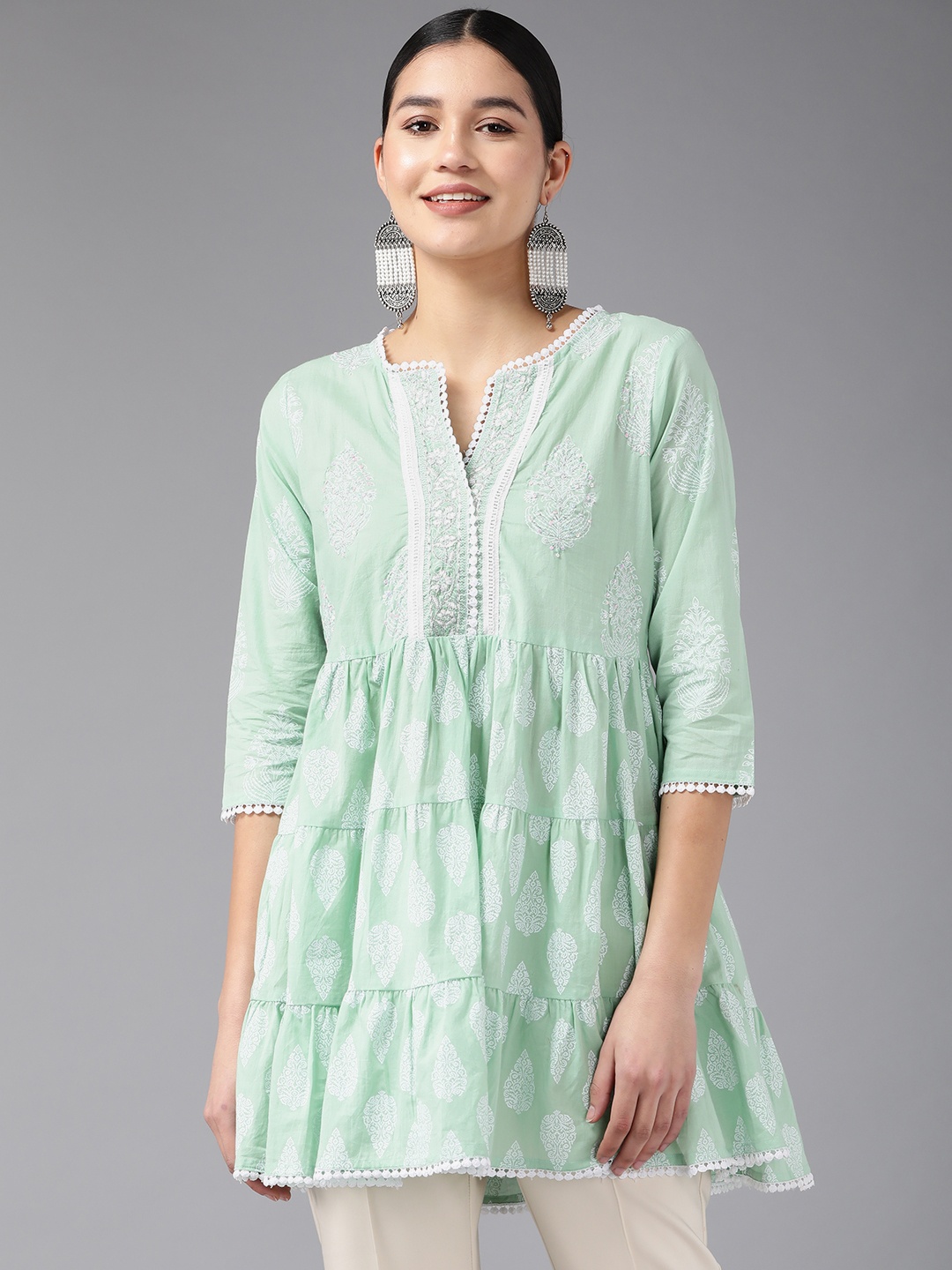 

Amirah s Green Printed Cotton Lace Tunic