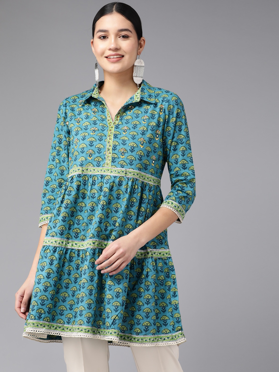 

Amirah s Teal Shirt Collar Printed Cotton Tunic