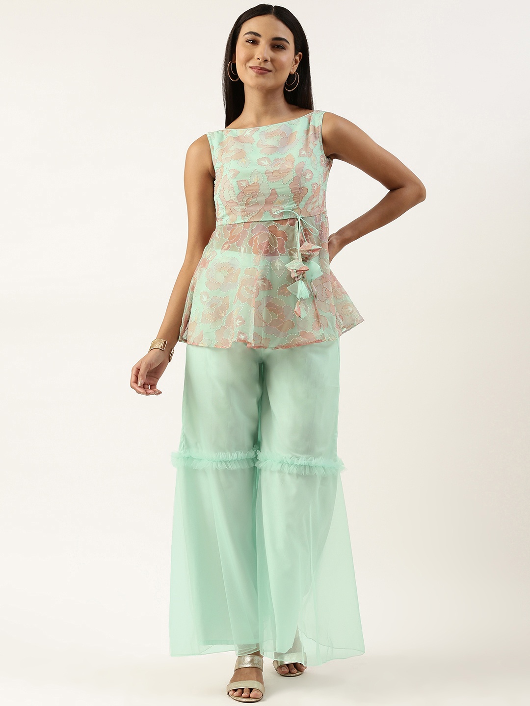 

Ethnovog Floral Embroidered Sequinned Kurti With Gharara, Sea green