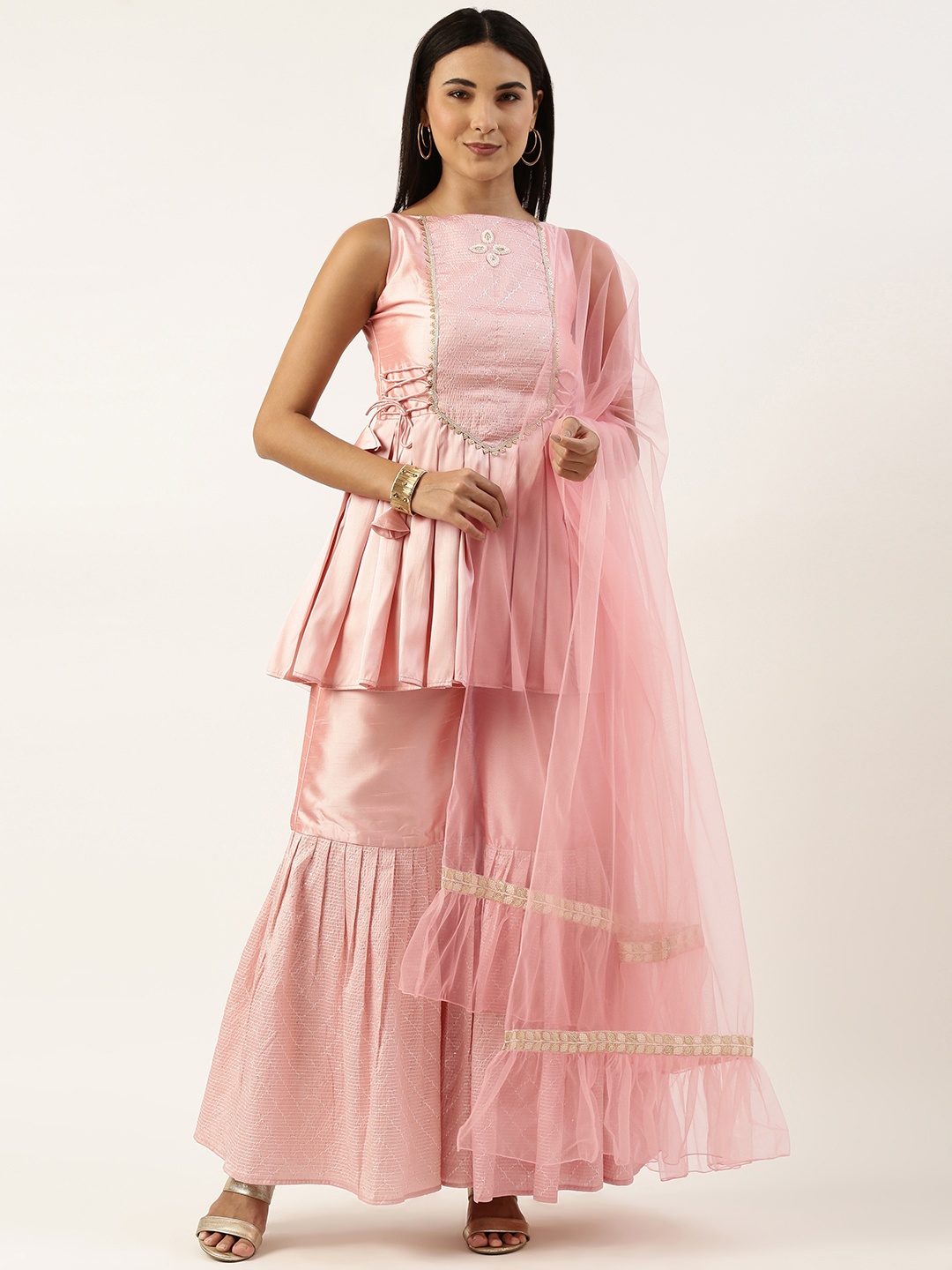 

Ethnovog Embroidered Pleated Sequinned Kurti With Sharara & Dupatta, Pink