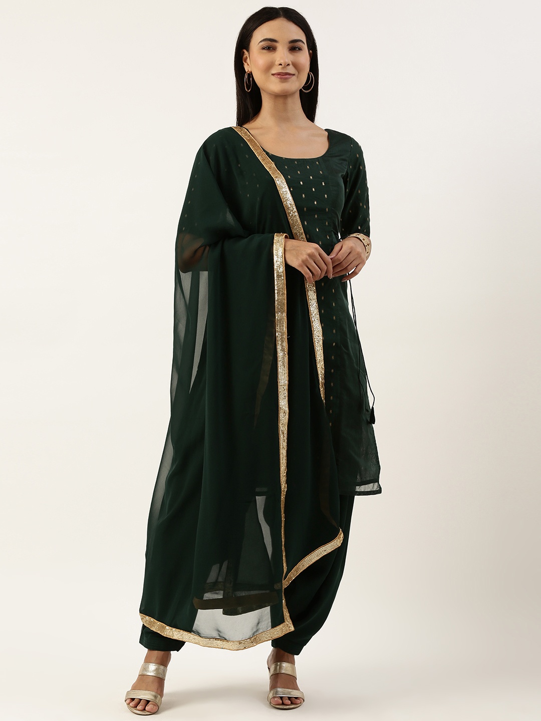 

Ethnovog Jacquard Kurta with Patiala & With Dupatta, Green