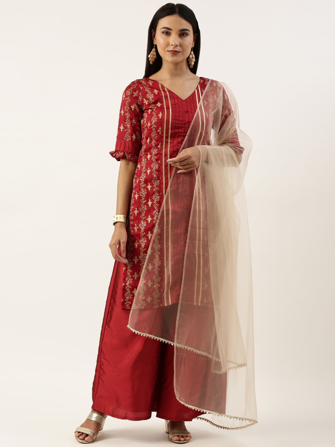 

Ethnovog Floral Printed Panelled Gotta Patti Kurta With Palazzos & Dupatta, Maroon