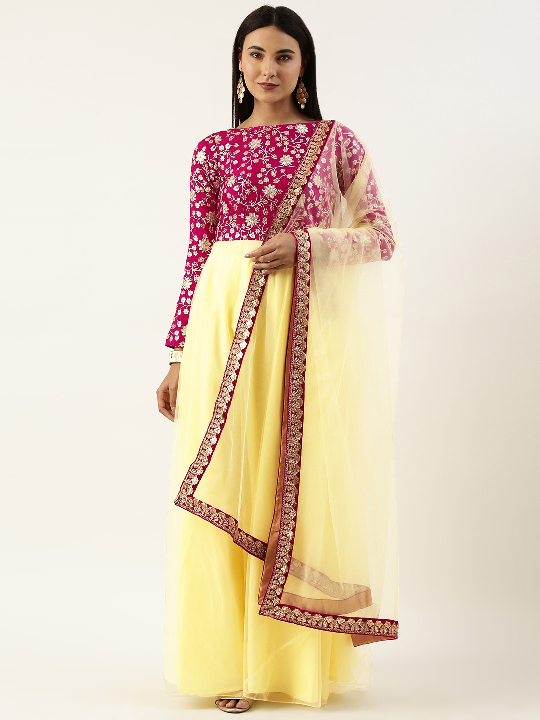 

Ethnovog Floral Embroidered Pleated Sequinned Kurta with Trousers & Dupatta, Yellow