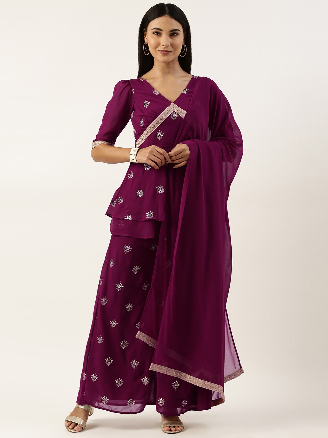 

Ethnovog Floral Embroidered Pleated Sequinned Kurti with Palazzos & Dupatta, Burgundy
