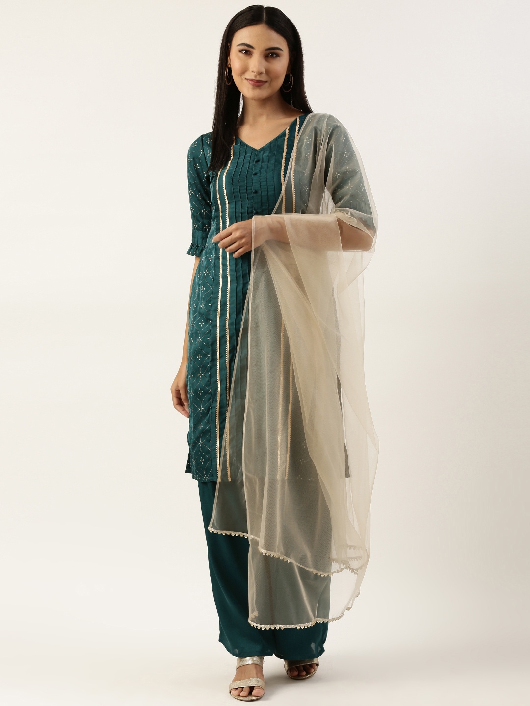 

Ethnovog Floral Printed Panelled Gotta Patti Kurta With Palazzos & Dupatta, Teal