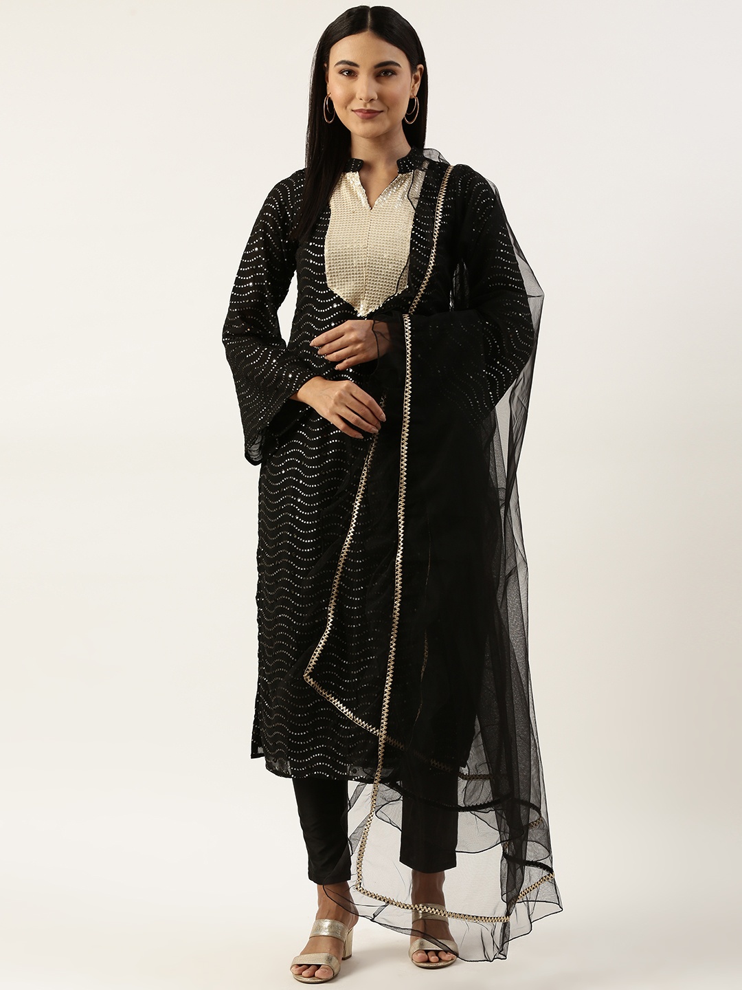 

Ethnovog Embroidered Sequinned Kurta With Trousers & Dupatta, Black