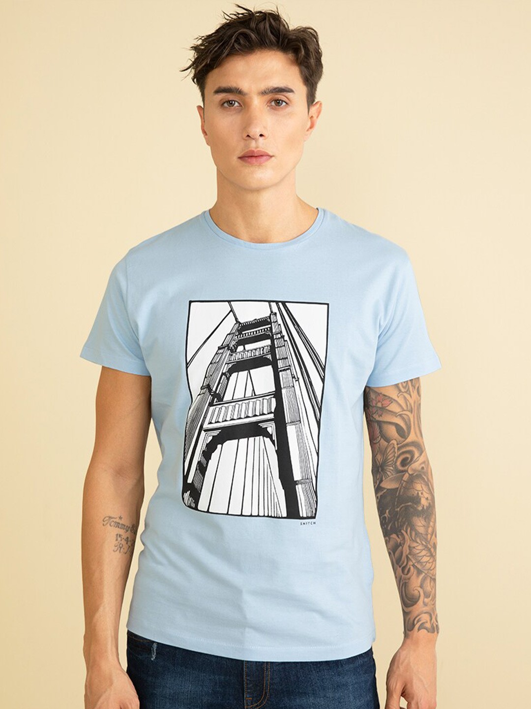 

Snitch Men Printed Slim Fit Cotton T-shirt, Blue