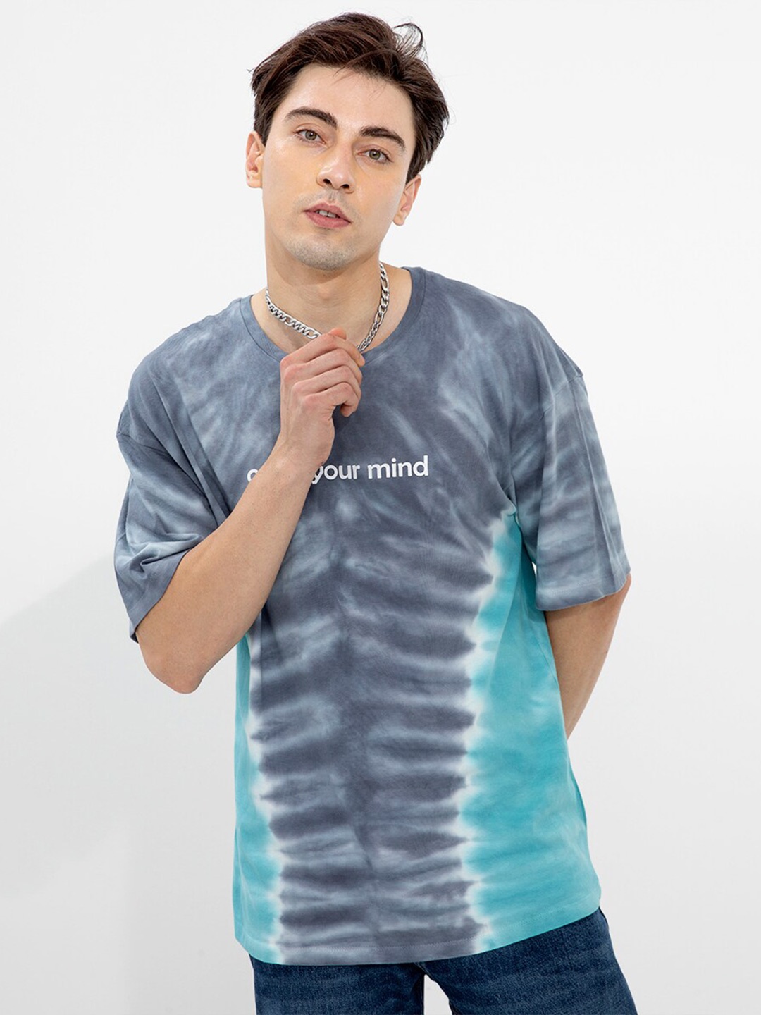 

Snitch Men Tie and Dye Dyed Henley Neck Slim Fit Cotton T-shirt, Grey