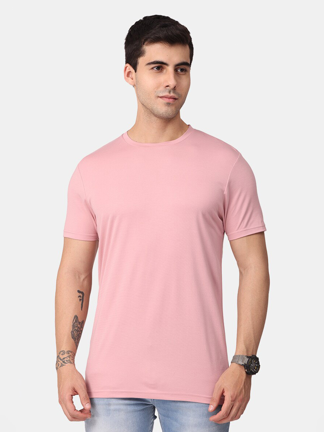 

Snitch Men Round Neck Slim Fit Cotton T-shirt, Pink