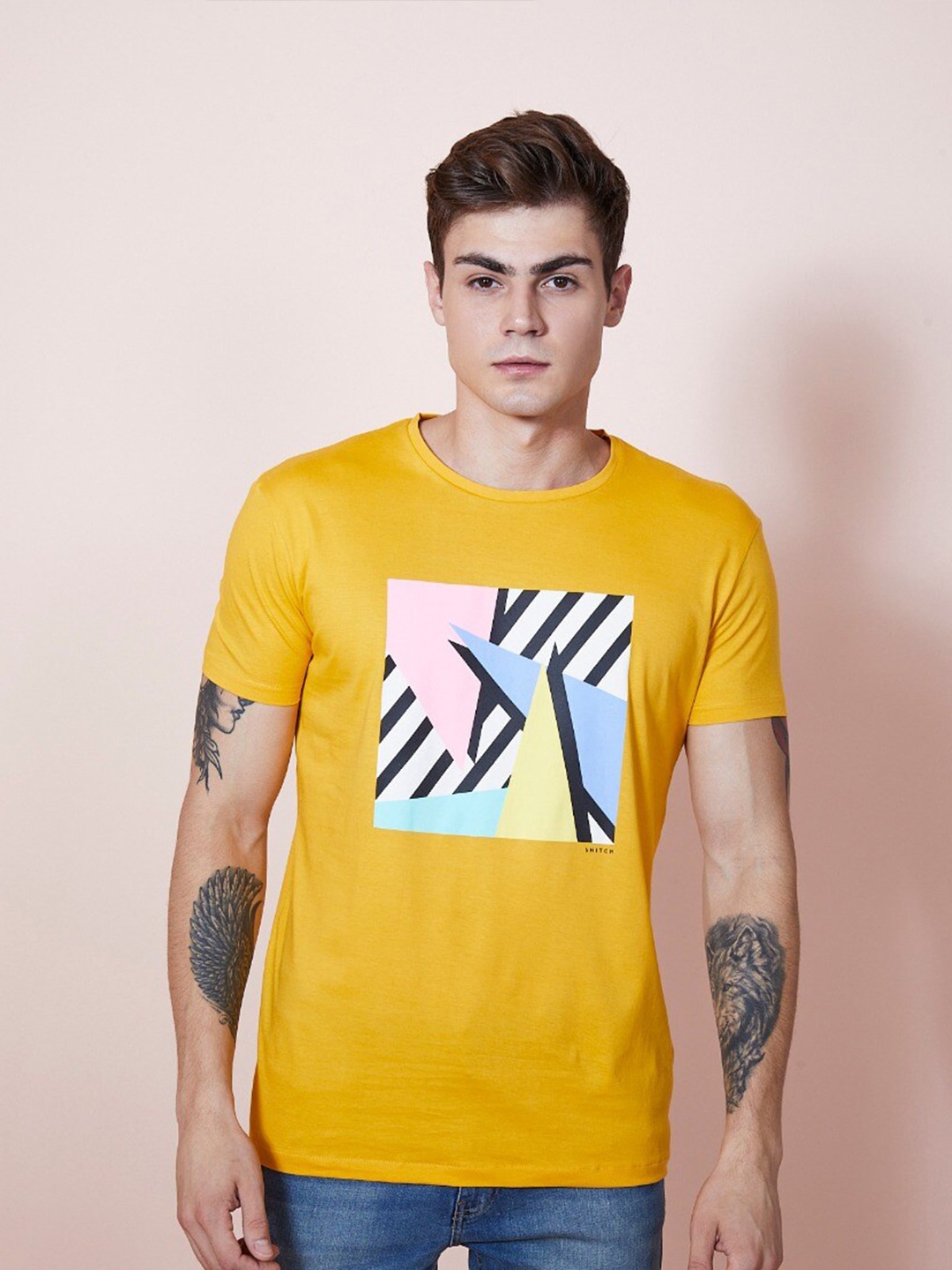 

Snitch Men Printed Slim Fit Cotton T-shirt, Mustard